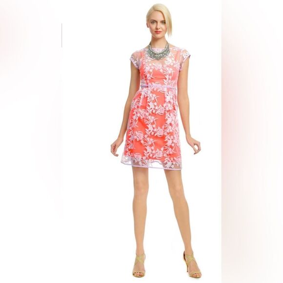 NWT Nanette Lepore Waldorf Girl Sheath Orange Crepe w/Lavender Lace Dress 10 - Picture 1 of 14